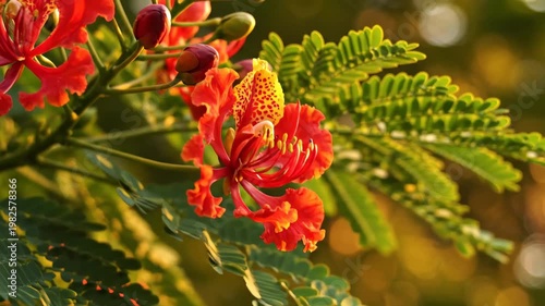 Vibrant Red Flame Tree Flower Swaying in the Sunlight 4K Video