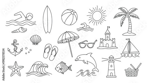 A delightful collection of outlined summer and beach themed icons, perfect for educational resources, creative projects, and vacationrelated graphic content.