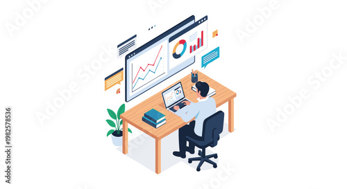 Data analyst working at a wooden desk with laptop and large monitor displaying complex business performance charts.