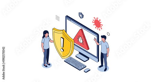 Cybersecurity team protecting computer system with a giant shield against virus threats and malware warning signs.