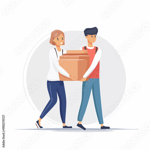 Couple carrying moving boxes, logistic service and relocation concept