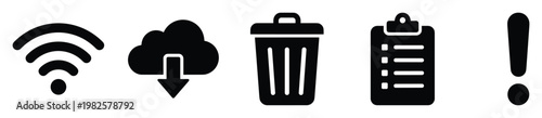 Essential user interface icons depicting wireless network, cloud download, trash bin, task list, and important alert symbol, ideal for modern application and web platform design.