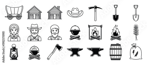 Collection of frontier and pioneer life line icons featuring covered wagon log cabin tools campfire people for historical graphics and adventure themed designs.