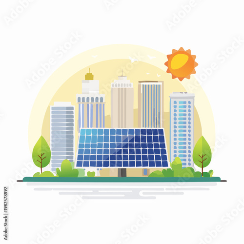 Modern cityscape powered by renewable solar energy, symbolizing sustainable urban development and clean power generation