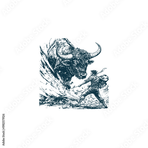 Vintage ink sketch of a brave matador facing a massive charging bull in a dramatic bullfighting scene.