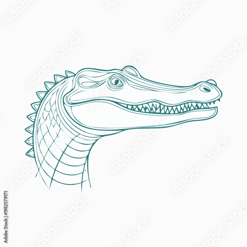 Detailed Line Art Illustration of an Alligator or Crocodile Head, Showcasing its Powerful Jaw and Textured Skin