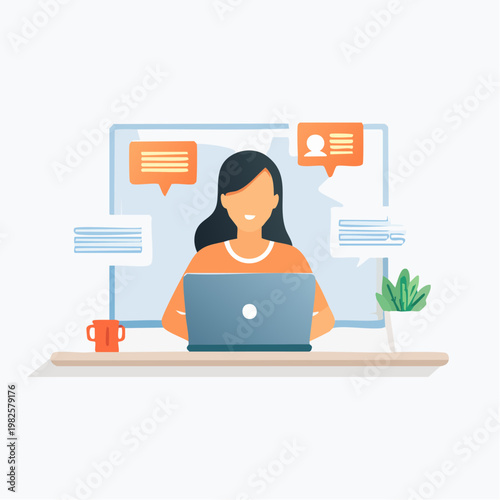 Smiling woman working on laptop with chat bubbles and plant on desk