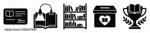 Comprehensive set of reading and educational icons depicting library membership, study book, filled bookshelf, book donation box, and literature award trophy for academic resources and