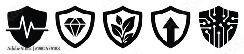 Versatile black shield icons representing various concepts like health, quality, nature, progress, and technology, perfect for applications requiring strong security or protection metaphors.