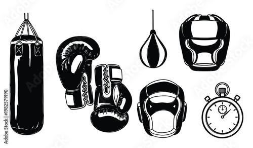 Comprehensive boxing equipment set for training and fitness activities including punch bag gloves headgear speed bag and stopwatch for sports promotions