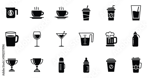 Collection of various beverage and drinking container icons including hot coffee cups cold drink tumblers wine glasses beer mugs and baby bottles for graphic resources