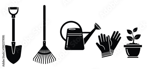 Essential gardening tools and planting equipment depicted in simple graphic icons perfect for horticultural projects and farming related content