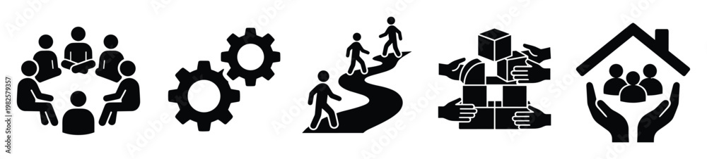 Fototapeta premium Versatile icon collection symbolizing teamwork, efficient processes, shared journey, collective building, and community support, ideal for business, social, and educational content.