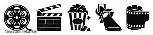 Movie industry symbols collection featuring essential items like film reel, clapboard, popcorn, spotlight, and film strip perfect for entertainment graphic projects and applications