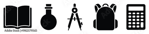 Academic essentials icon collection presenting a book, science flask, geometry compass, student backpack, and calculator for educational resources and learning applications