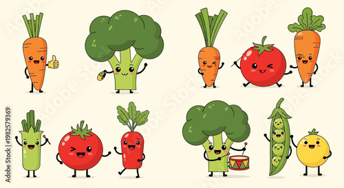 A collection of cute cartoon vegetables with happy faces and expressive gestures, including carrots, broccoli, tomatoes, asparagus, radishes, pea pods, and a lemon.