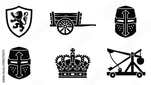 Medieval and fantasy kingdom icon set featuring heraldic shield with lion, crusader helmets, a royal crown, ancient cart, and a siege catapult for historical game interfaces or themed