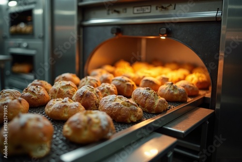 Industrial Bakery Manufacturing Process with Fresh Bread on Conveyor System
