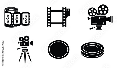 Cinema and film industry equipment flat glyph icons set for movie production presentations, entertainment event graphics, and digital media applications.