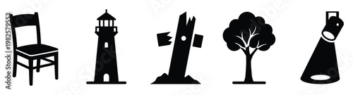 Simple black silhouette icons of a chair a lighthouse a broken wooden post a tree and a spotlight providing versatile visual elements for digital and print designs