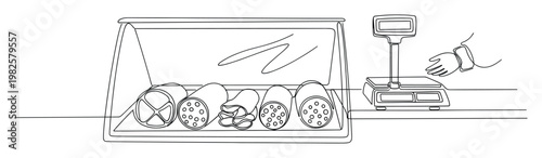 Continuous line drawing of a deli counter featuring various sausages and sliced meats in a display case next to a weighing scale with a hand, perfect for food service, grocery, and culinary