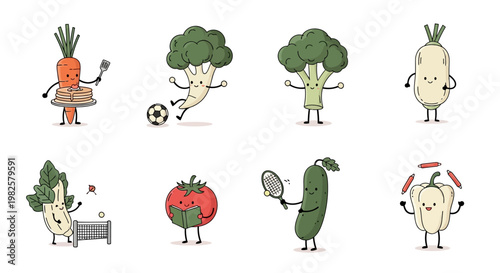 A collection of cute cartoon vegetables with faces and limbs, engaged in various human-like activities such as eating, playing sports, reading, and juggling.