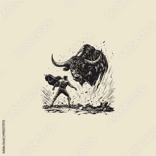 Vintage ink sketch of a brave matador facing a massive charging bull in a dramatic bullfighting scene.