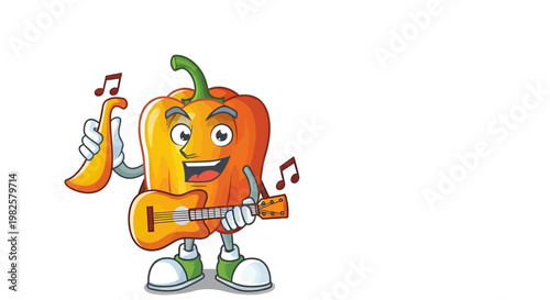 Cheerful cartoon bell pepper character playing a ukulele and singing, with musical notes floating around, on a white background.