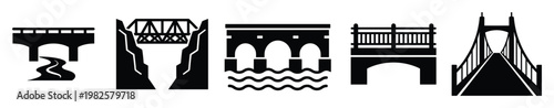 Diverse collection of bridge icons featuring classic arch, sturdy truss, and elegant suspension designs, suitable for architectural diagrams, urban planning, or infrastructure