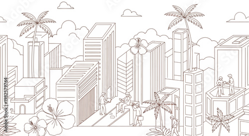 Outline illustration of a modern tropical city skyline with skyscrapers, palm trees, and hibiscus flowers under a cloudy sky, depicting urban life.