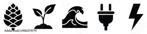 A collection of simple glyph icons representing natural energy sources and electrical power, perfect for environmental themes, sustainability projects, and green technology presentations.