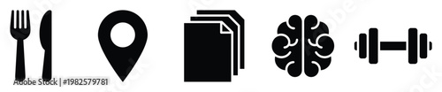 Collection of essential daily life icons representing nutrition location documents knowledge and physical activity suitable for apps websites and educational materials