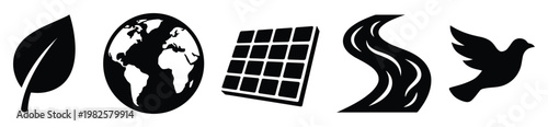 Collection of black and white environmental symbols including a leaf earth globe solar panel river and flying dove perfect for ecological sustainability projects and conservation initiatives