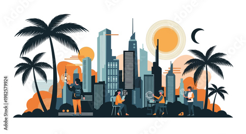 Stylized illustration of a vibrant city skyline with modern buildings, palm trees, and diverse people engaged in work and leisure activities.