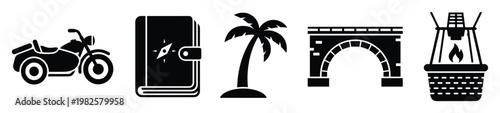 Dynamic travel and adventure symbols depicting a motorcycle, navigation journal, tropical palm tree, arched bridge, and hot air balloon for vacation and exploration marketing materials