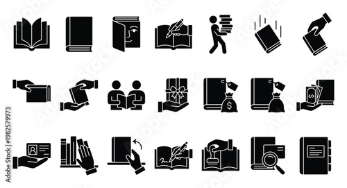 Comprehensive set of black glyph book icons representing diverse reading, learning, writing, purchasing, and libraryrelated activities, ideal for educational apps and publishing websites.