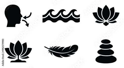 Collection of wellness and meditation icons featuring mindful breathing, water waves, lotus flowers, a feather, and stacked stones, suitable for spiritual and relaxation concepts.