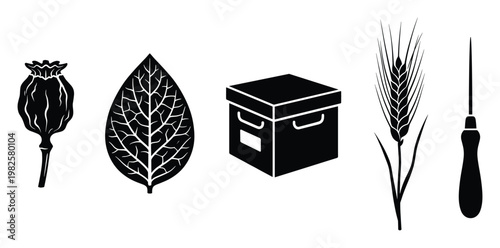 Graphic black silhouettes featuring a poppy seed pod, green leaf, archive box, wheat stalk, and an awl, perfect for agricultural, educational, or craftrelated design projects.