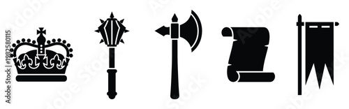 Collection of medieval royal symbols including crown mace axe scroll and flag for historical presentations game assets and educational design projects