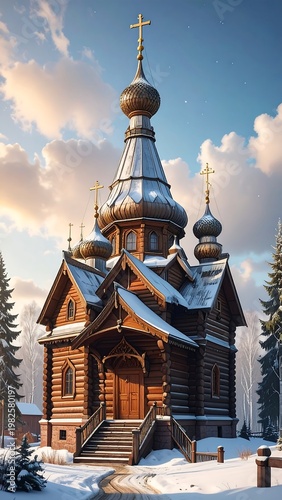 Wooden orthodox church in winter snow, under cloudy sky, golden cross