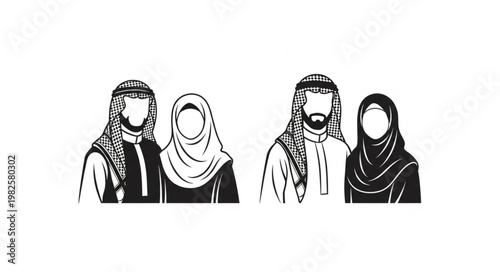 Traditional Arab couple in black and white attire, cultural representation.