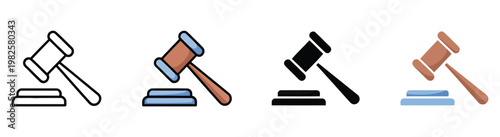 Gavel icon vector, judge hammer symbol for justice, legal system, court proceedings, and law firm set, clean modern illustration