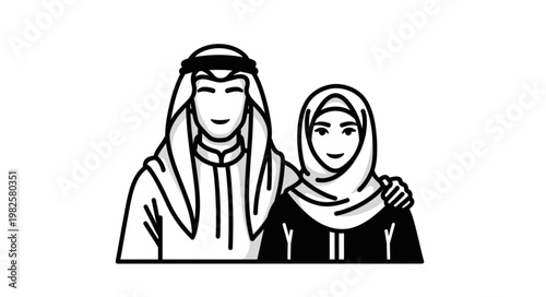 Traditional Arab Couple in Black and White Illustration.