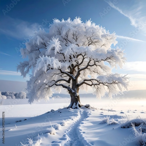A snow-covered tree stands on a mound with footprints leading toward it, set against a winter landscape and clear blue sky