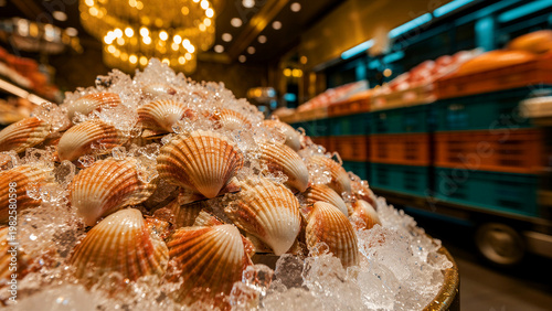 A vibrant, close-up view of fresh, raw sea scallops piled high on sparkling crushed ice, meticulously arranged for sale, showcasing their distinctive ridged shells and inviting textures, ready for