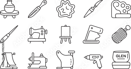 A diverse collection of outline icons representing various craft supplies, art tools, and hobby equipment for handmade creative projects.