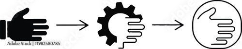 Iconography of a hand transforming into a gear and then a stylized hand within a circle