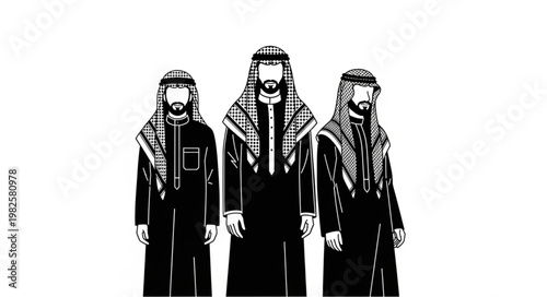 Three men in traditional Arab attire standing together in a line.