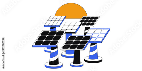Solar panel array on a green hill with a subtle gradient background and renewable energy concept featuring sustainability, electricity, power
