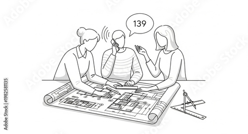 Three people collaborating around a blueprint with a number 139 in a speech bubble.